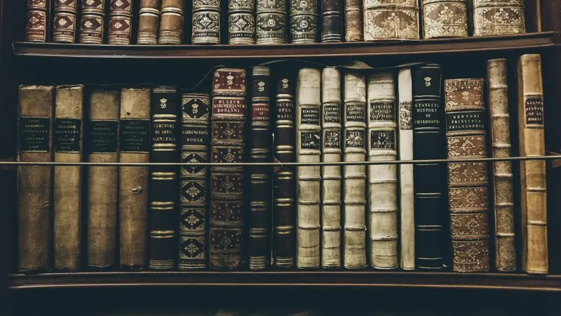 Shelves of old leather-bound books