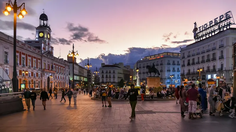 Puerta del Sol square in Madrid at dusk